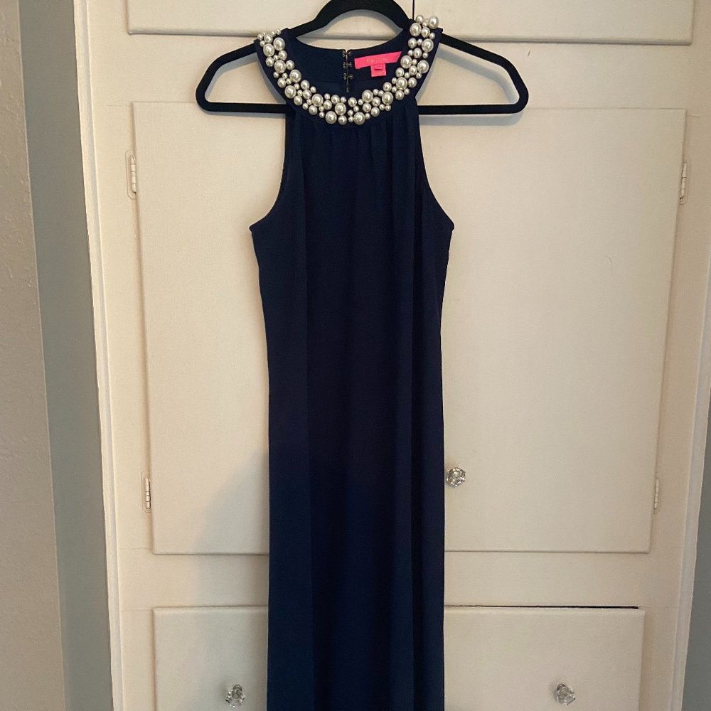 Lilly Pulitzer Navy Shawn Maxi dress with pearl neckline